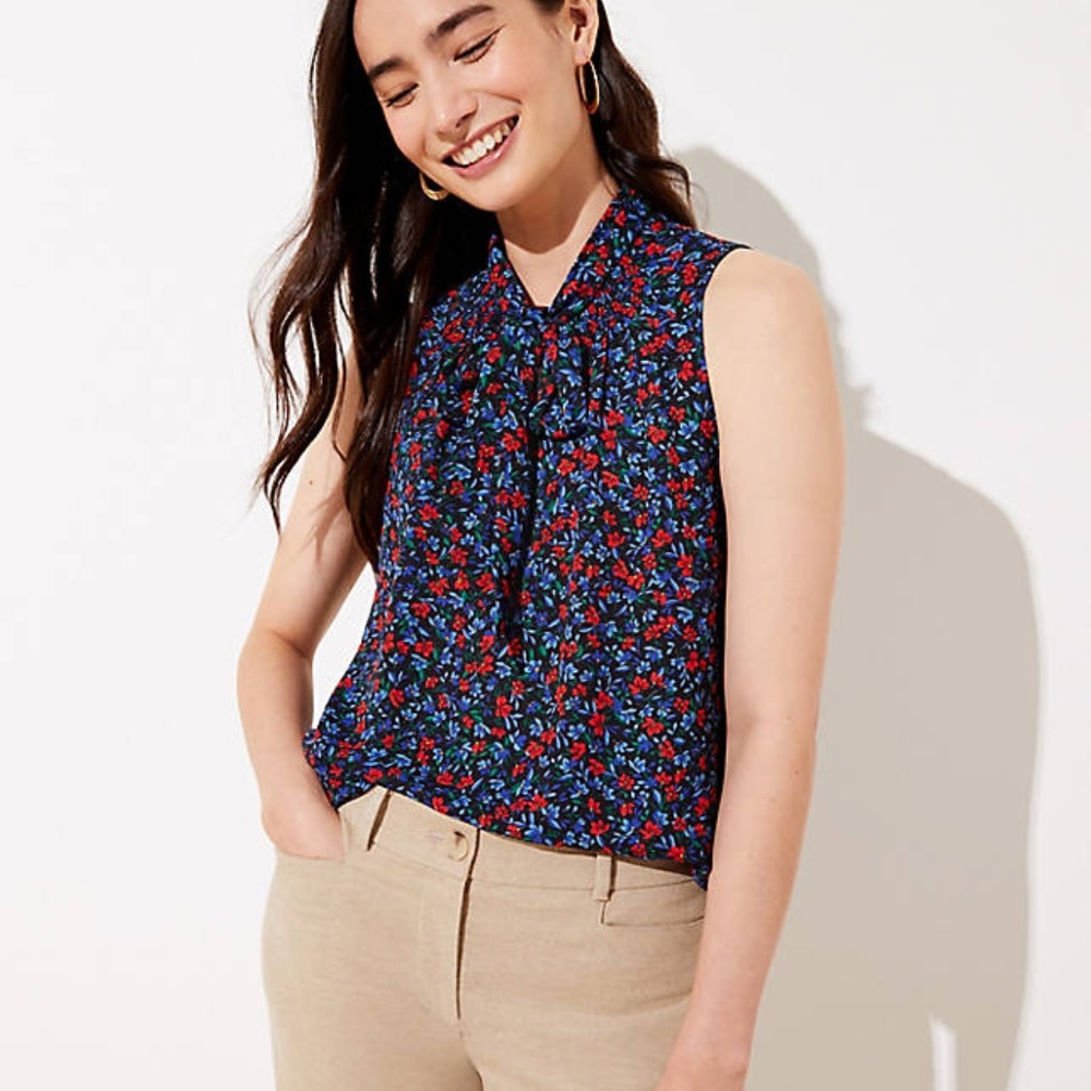 LOFT Women's New Floral Smocked Tie Neck Shell